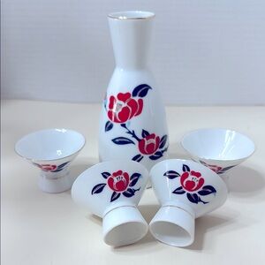 Vintage Ozeki 5 Pc Porcelain Sake Set Floral Lotus Design by Tajami Red and Blue